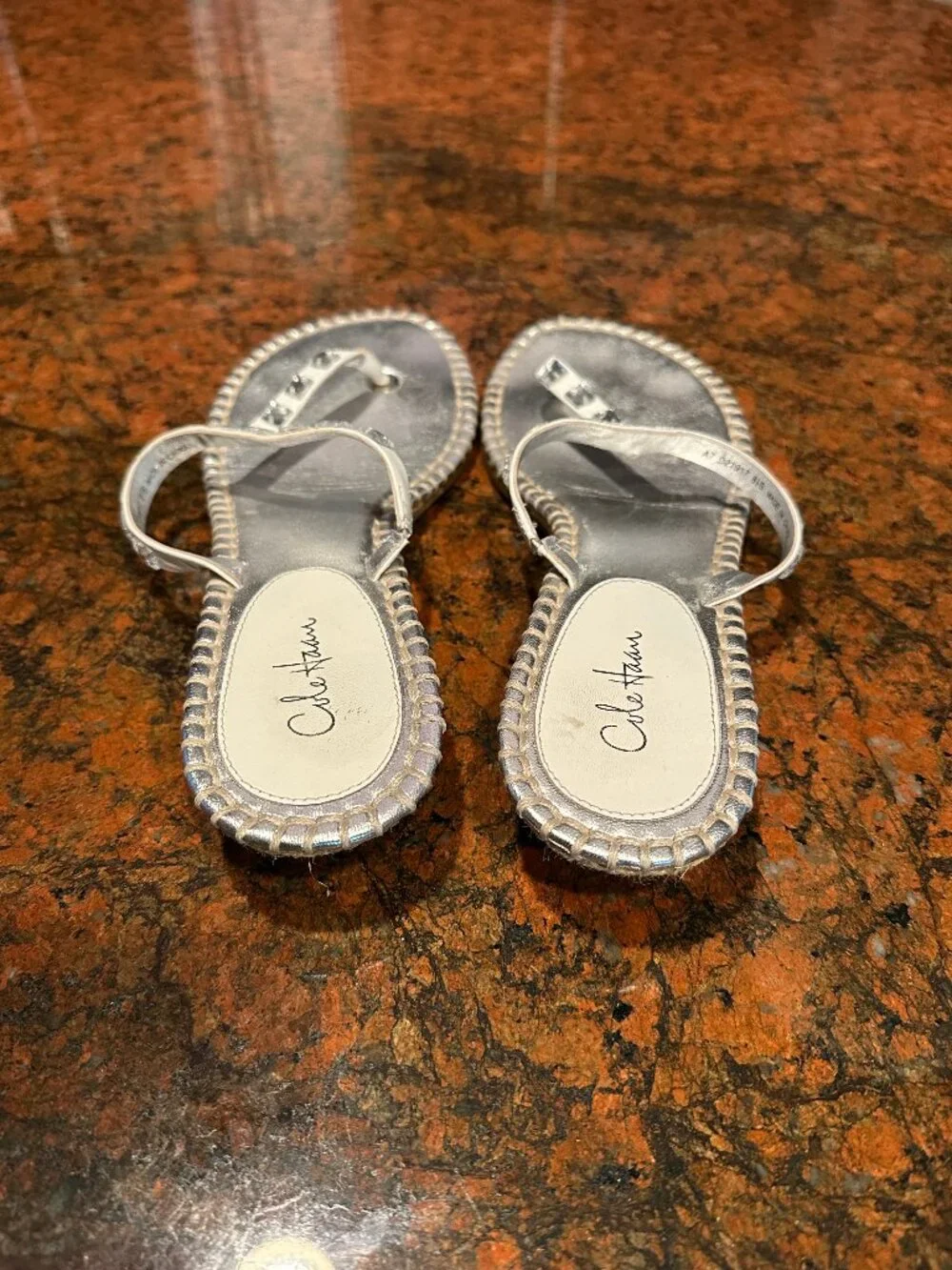 Cole Haan Kalla Thong White Leather T-Strap Rhinestone Accent Sandals, 8.5 M